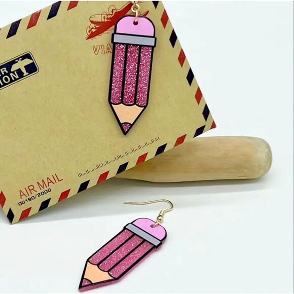 NWT Cute Teacher Student Pink Glittery Pencil Shaped Dangle Earrings - Picture 4 of 5